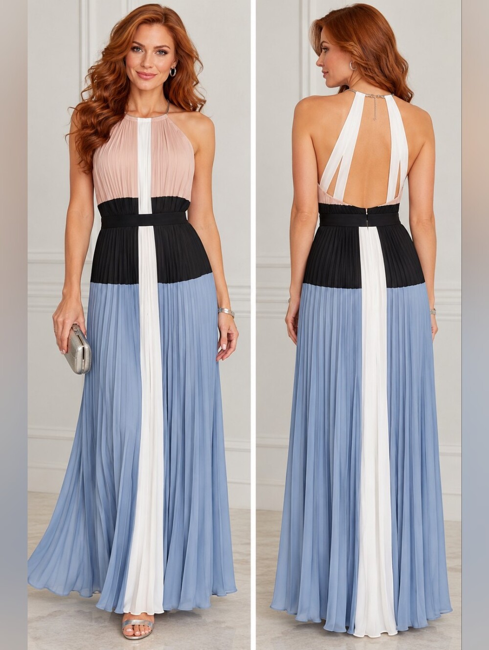 NWOT BCBGMaxAzria Colorblock Pleated Halter Formal Gown Maxi Dress Medium/Large